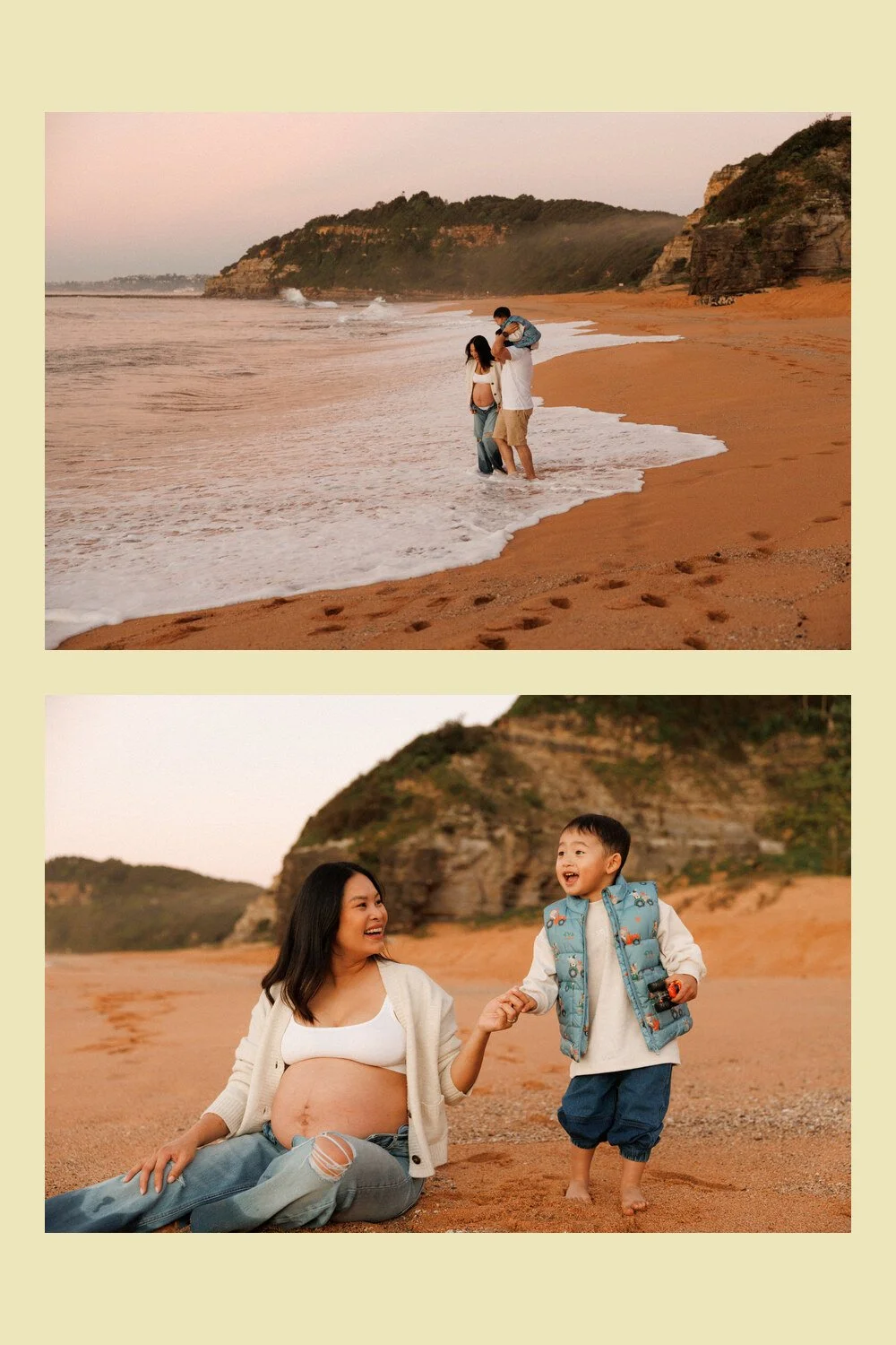 Two beach photographs of a family by the waves and a pregnant mother holding her toddler’s hand on the sand.