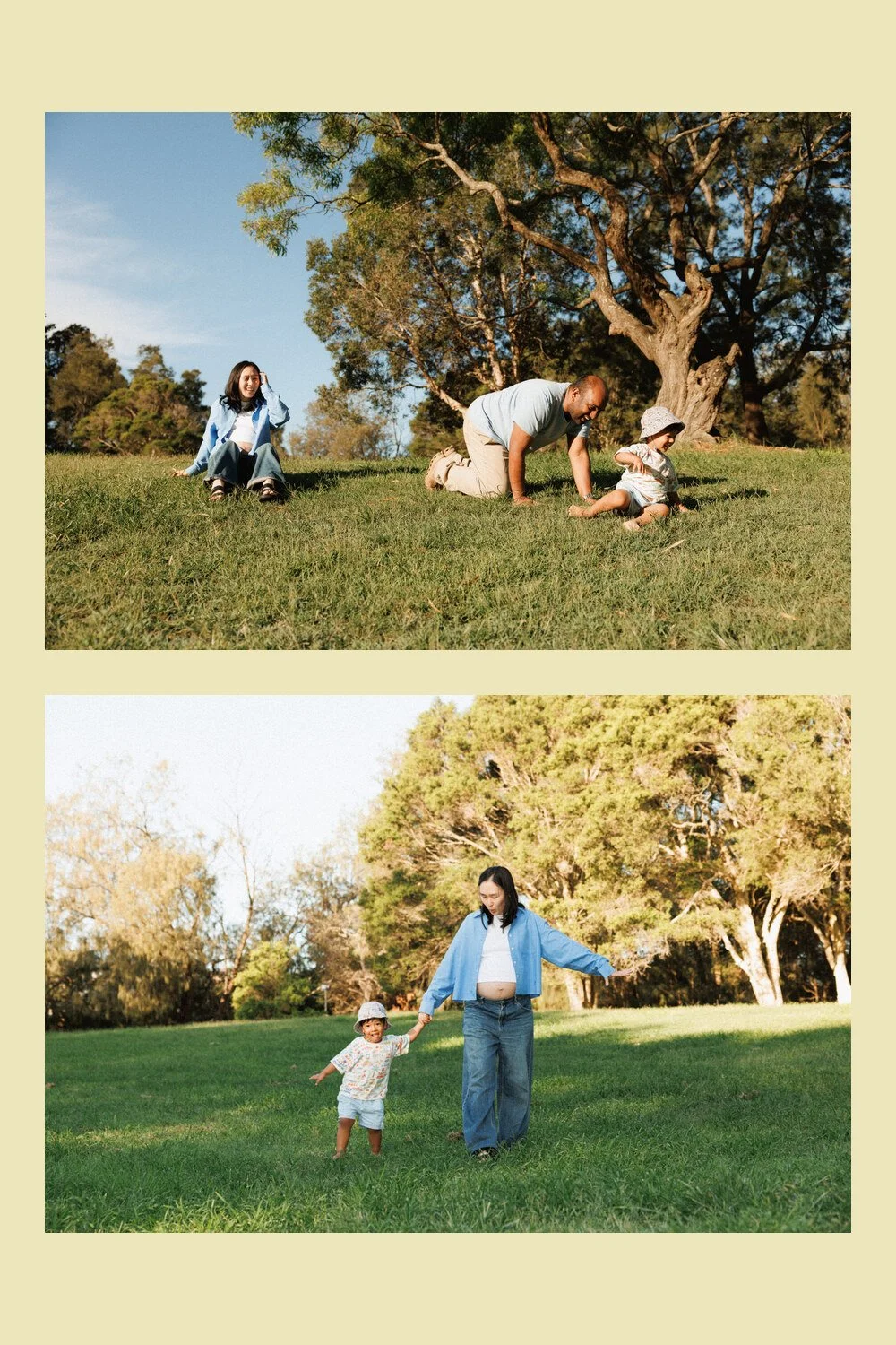 Park play: Two photographs of a toddler playing with Dad and walking hand in hand with Mum.