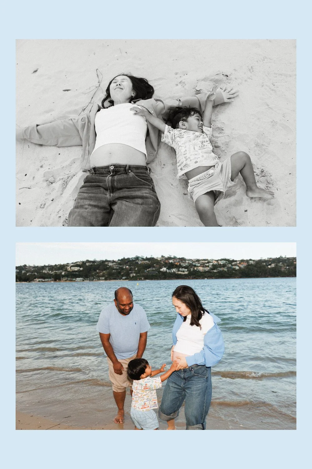 Beach moments: Mother and toddler lying on the sand, followed by the family together at the water’s edge.