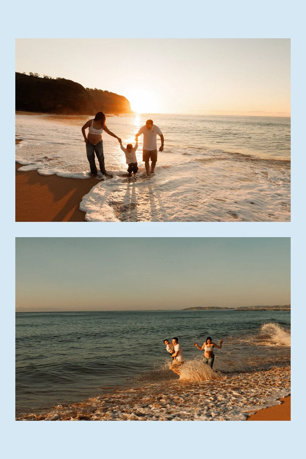 Sonia and her family playing together in the shallow waves during their beach maternity session.