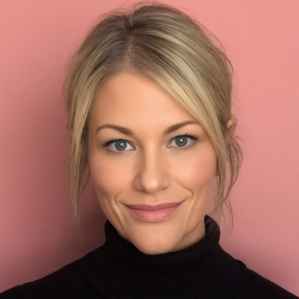 A woman with blonde hair styled in a loose, casual updo, wearing a black turtleneck, smiling softly against a pink background.