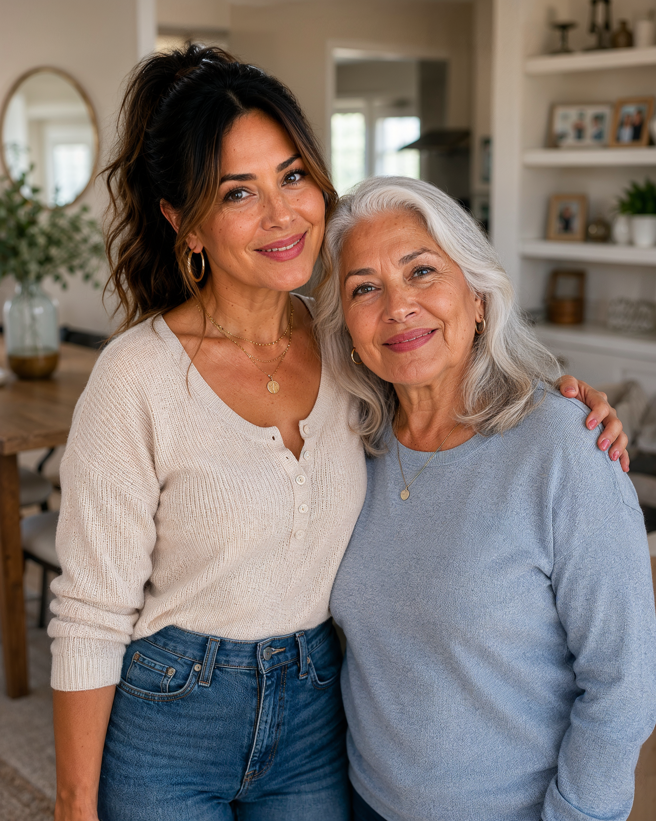 Nora in white blouse with hand around shoulder of grandma Vera who is wearing a blue sweater top.