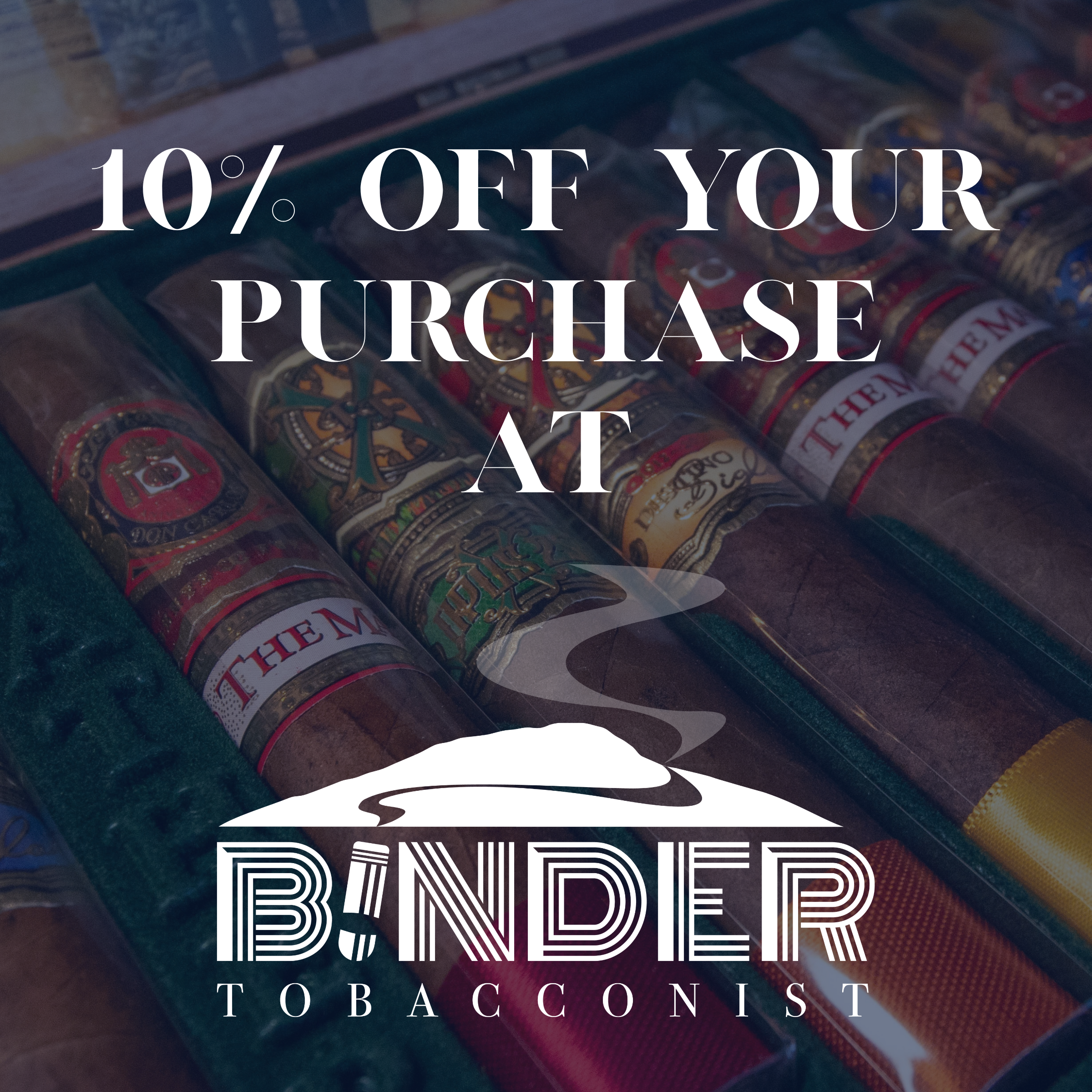 Multiple cigar boxes with designs and text, overlaid with promotional text about discounts on tobacco products.