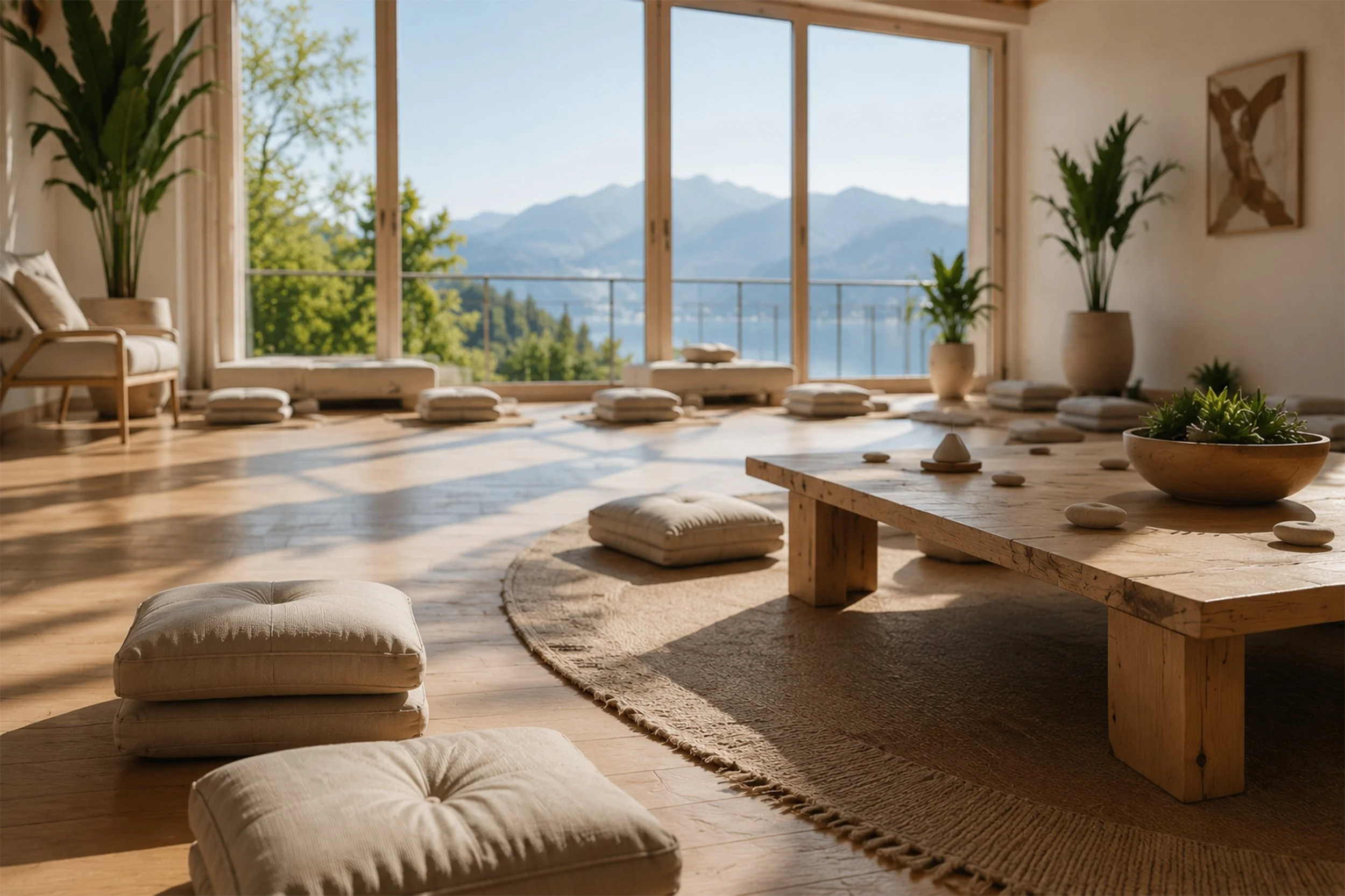 Ein ruhiger Raum mit großen Fenstern, die eine Berglandschaft und einen See im Hintergrund zeigen. Die Inneneinrichtung besteht aus Sitzkissen auf dem Boden, einem Holz-Tisch, Pflanzen und einem kleinen Sofa.
