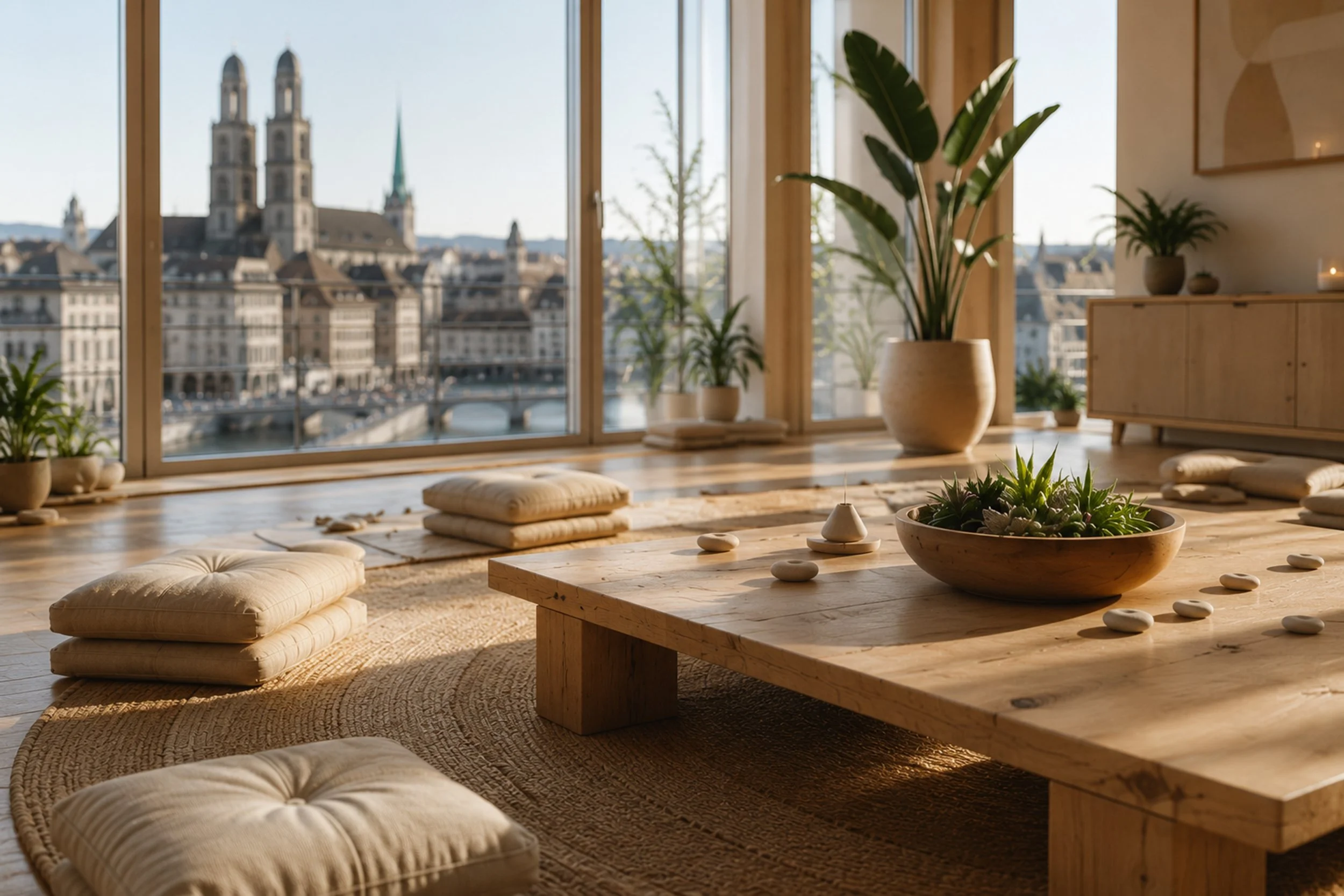 Innenraum mit großen Fenstern, die eine Stadt mit Kirchen und Fluss zeigen. Im Vordergrund ein niedriger Holztisch mit Pflanze in einer Schale, umgeben von Sitzkissen auf einem Teppich.