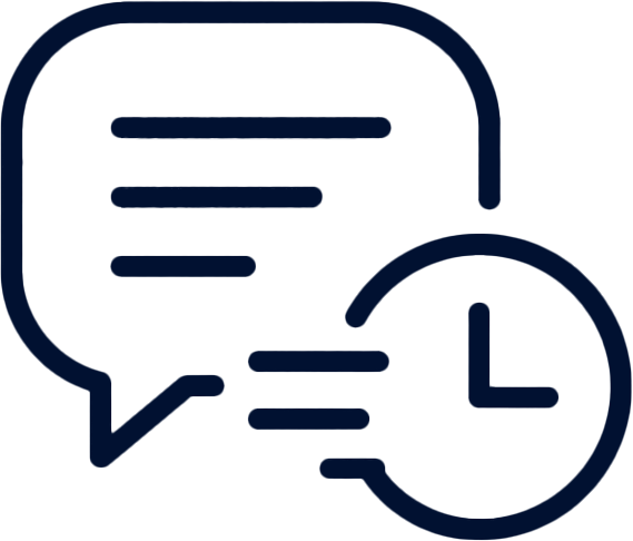 Icon eines Chat-Bubbles mit Text und einer Uhr, symbolisiert Kommunikation oder Nachrichten mit Zeitstempel.