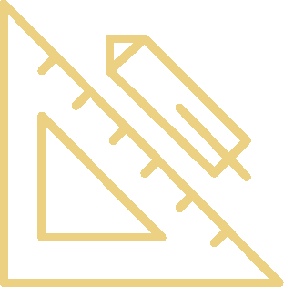 Zeichnung eines Geodreiecks, Lineal und Winkelmesser in goldener Kontur auf schwarzem Hintergrund.