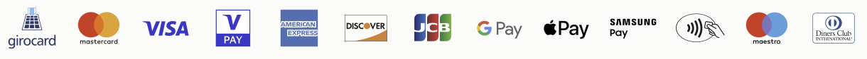 Logos der Zahlungsmethoden, darunter garicard, Mastercard, VISA, V PAY, American Express, Discover, JCB, Google Pay, Apple Pay, Samsung Pay, Maestro, Diners Club, und eine kontaktlose Bezahlmöglichkeit.