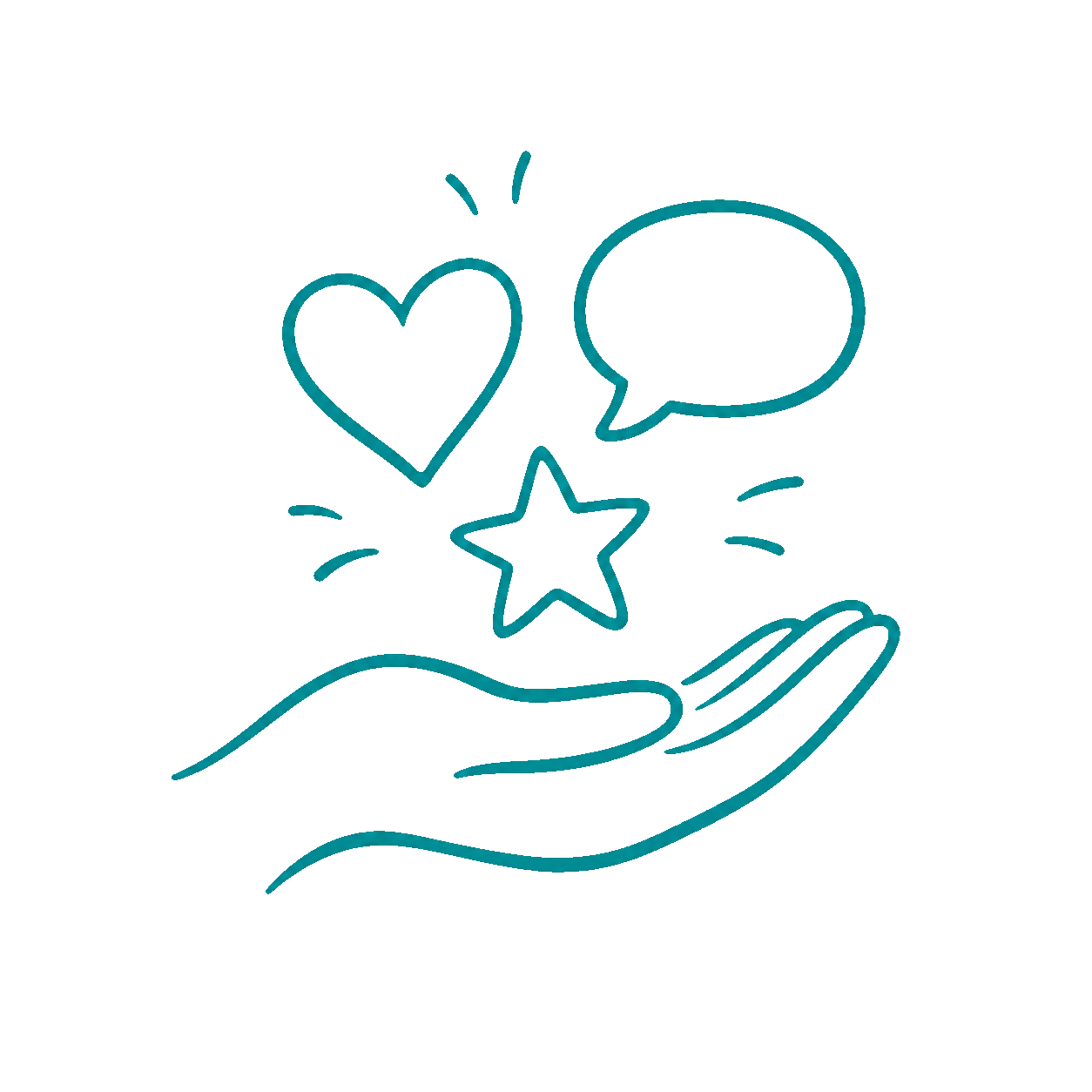 Linienzeichnung einer Hand, die nach oben zeigt, mit herzförmigem Symbol, Sprechblase und Stern