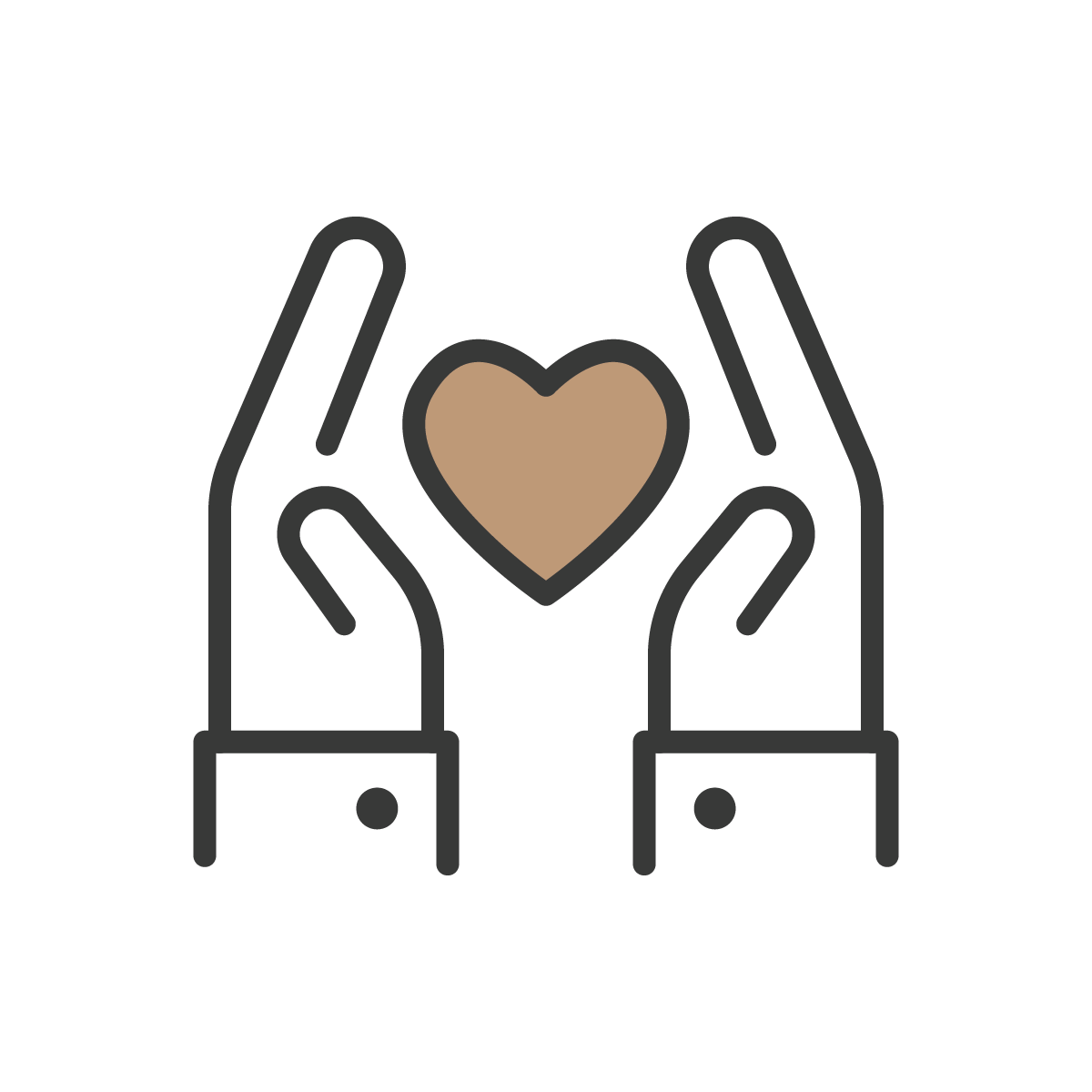 Deux mains esquissées tenant un cœur beige, symbole d'amour ou de soin.
