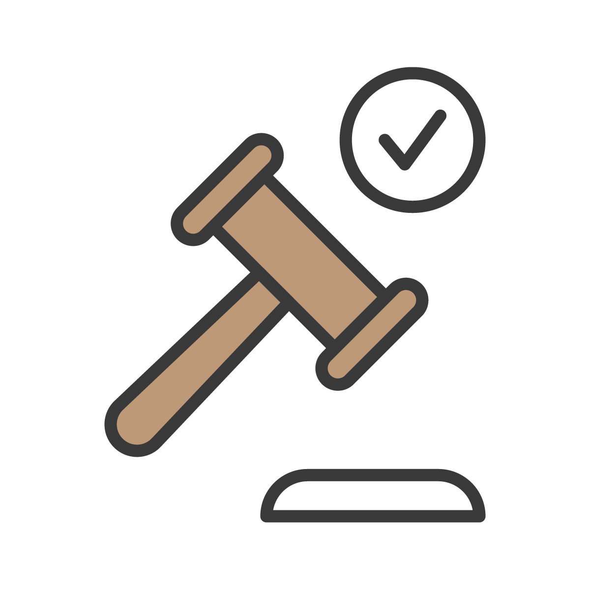 Une illustration minimalistique d'un marteau en bois avec un symbole de coche dans un cercle à côté, indiquant une action légale ou approuvée.