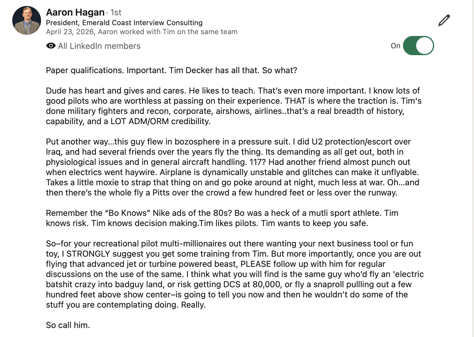 LinkedIn recommendation highlighting Tim Decker's expertise in owner-pilot mentorship, aviation decision-making, and professional flight instruction.