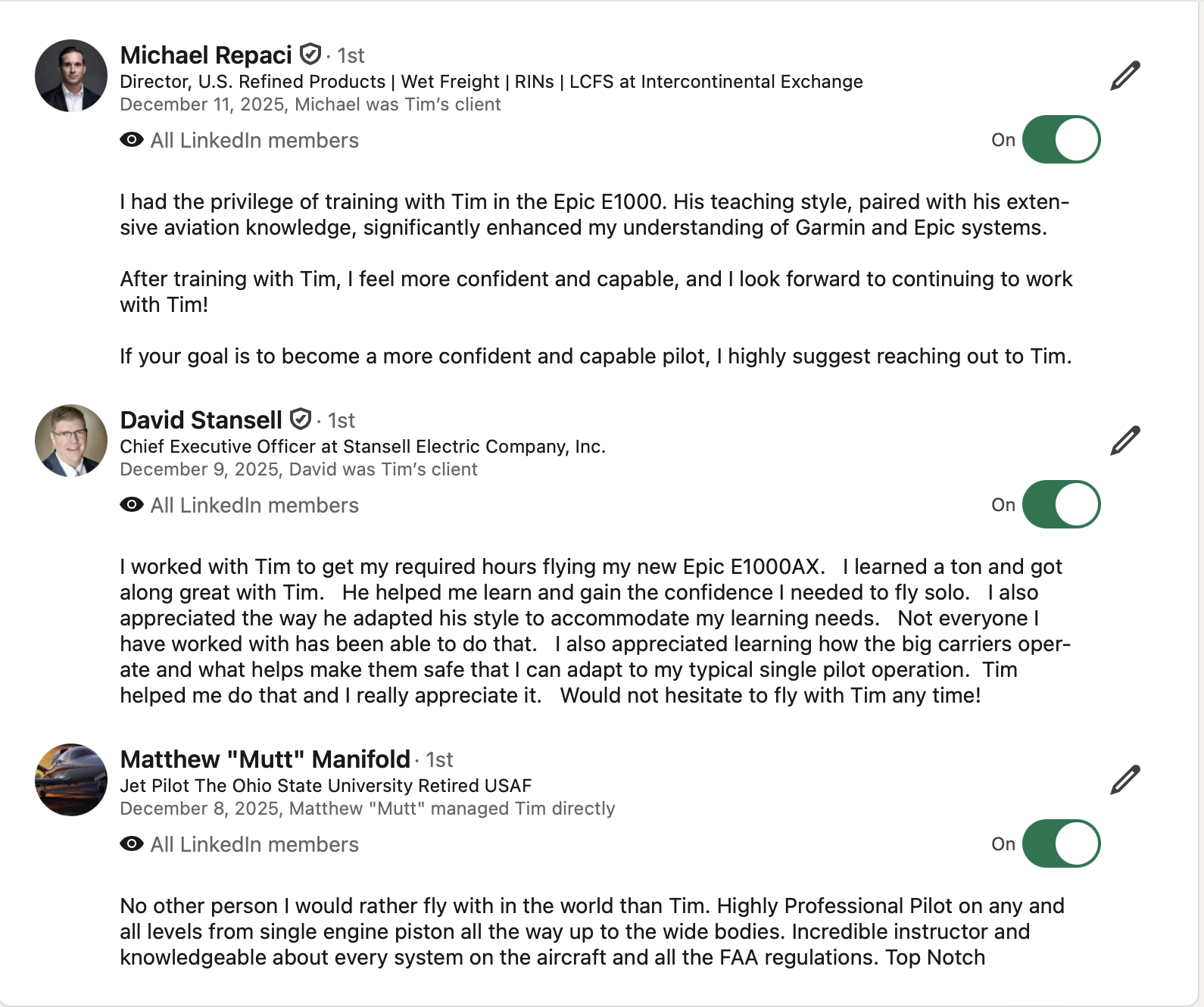 LinkedIn recommendations from Epic E1000 owner-pilots describing Tim Decker's Epic Aircraft instruction, turbine transition training, and owner-pilot mentorship.