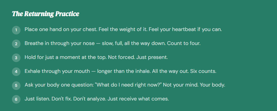 A list titled 'The Returning Practice' with six steps outlined for breathing and mindfulness exercises.