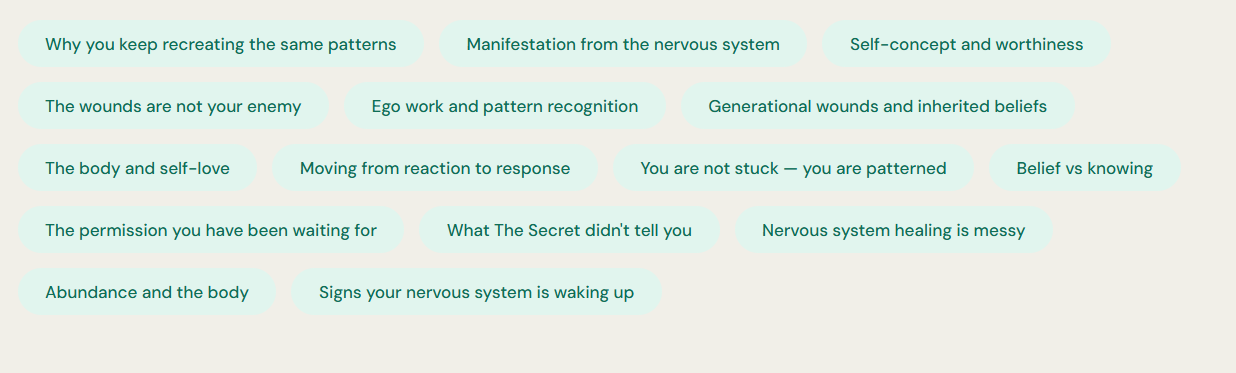 Various phrases related to self-awareness, nervous system, healing, and personal growth arranged on a light background.