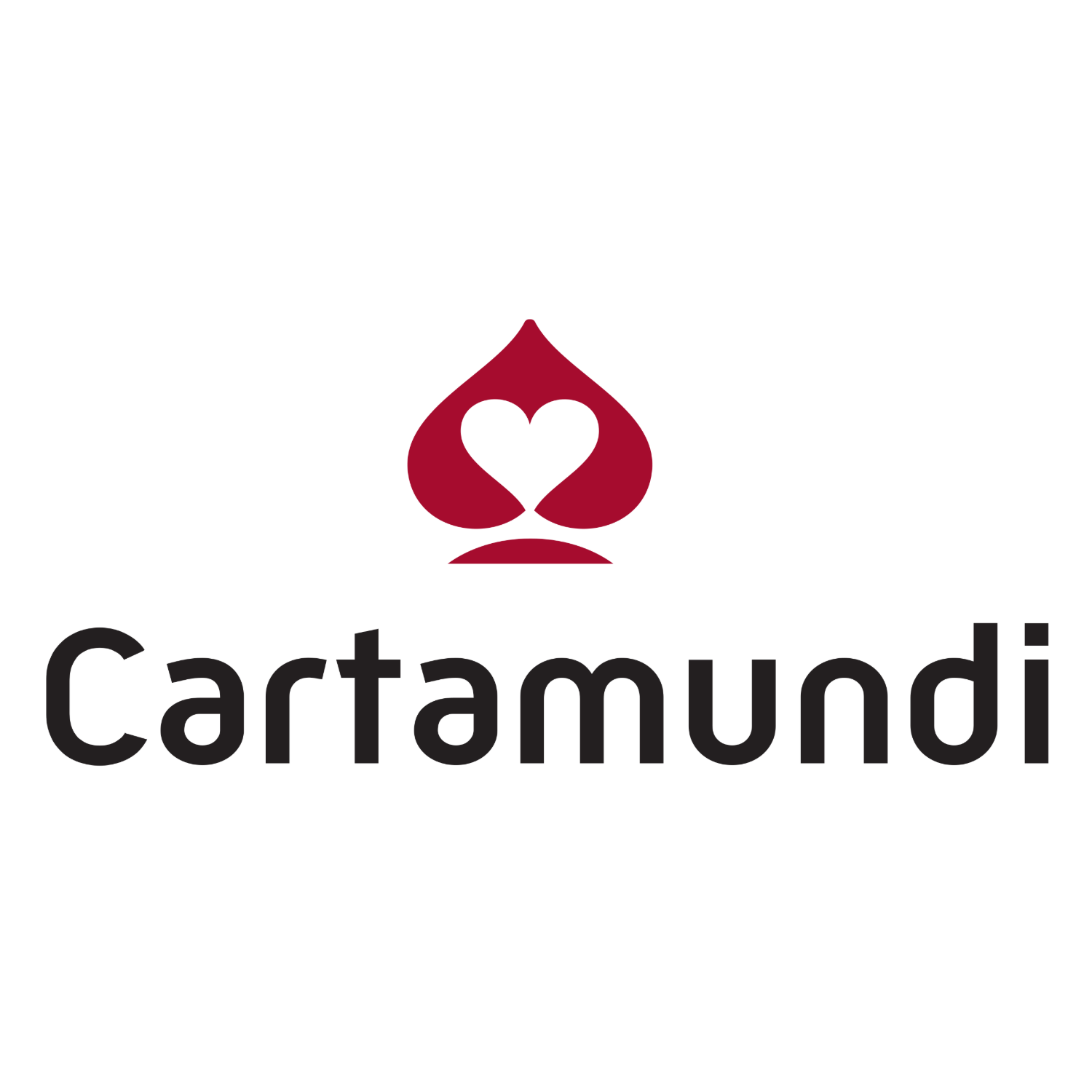 Black background with the word 'Cortamundi' in large grey text and a red spade symbol with a black heart in the center above the text.