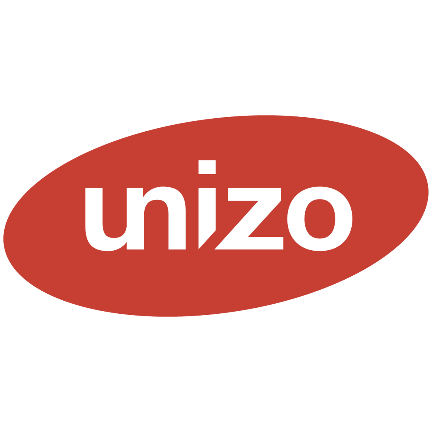 Logo with the word 'Unizo' in black letters inside a red oval shape.