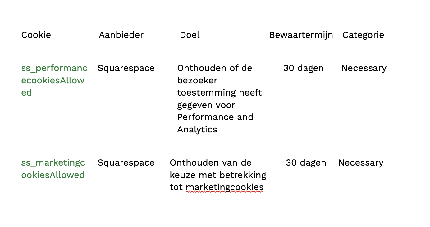 Afbeelding van een tabel met kolommen Cookie, Aanbieder, Doel, Bewaartermijn en Catogorie. De tabel bevat informatie over cookies, zoals Google Analytics cookies met een bewaartermijn van 30 dagen.