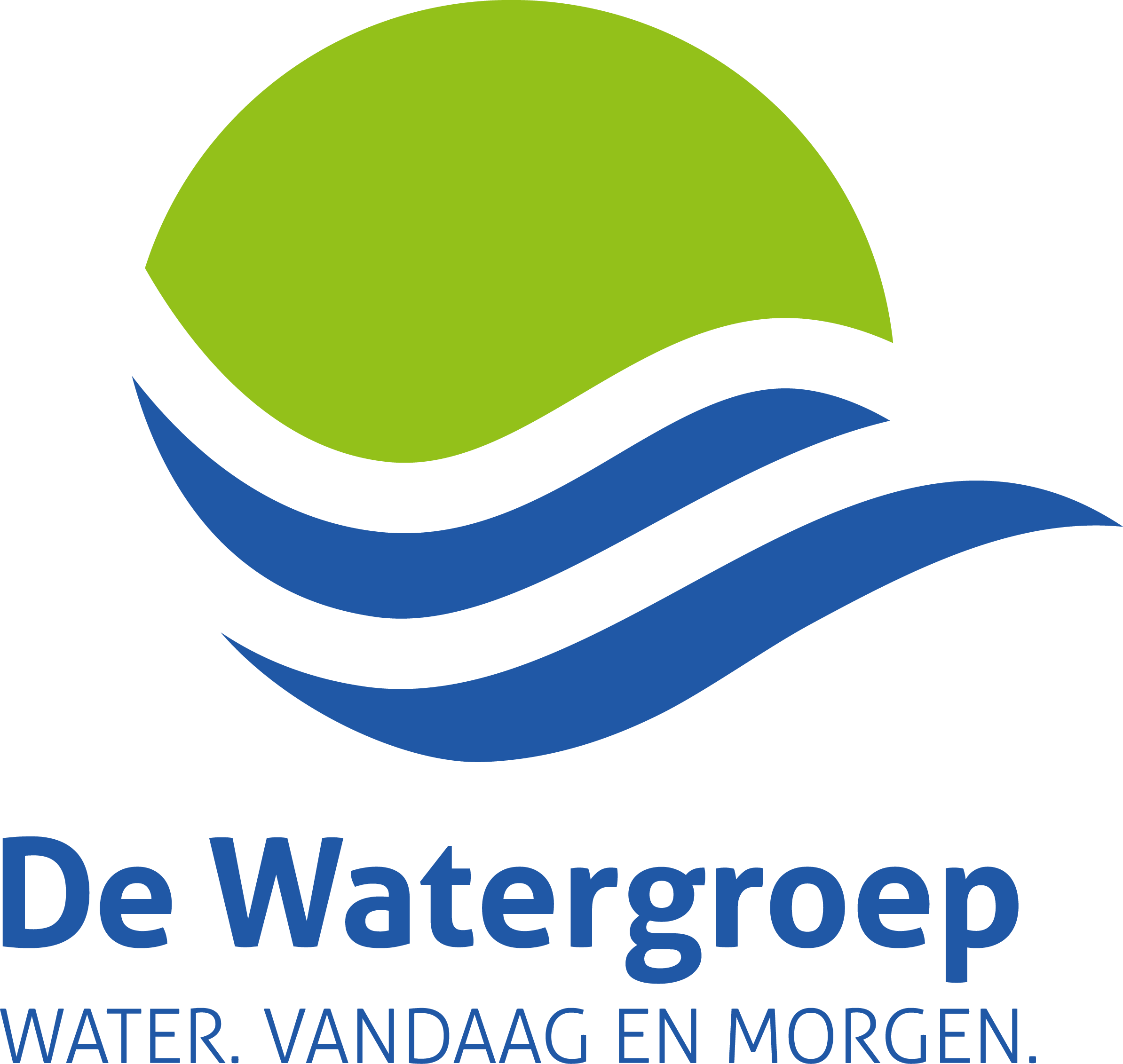 Logo van De Watergroep met groene en blauwe golven en de tekst 'De Watergroep'.