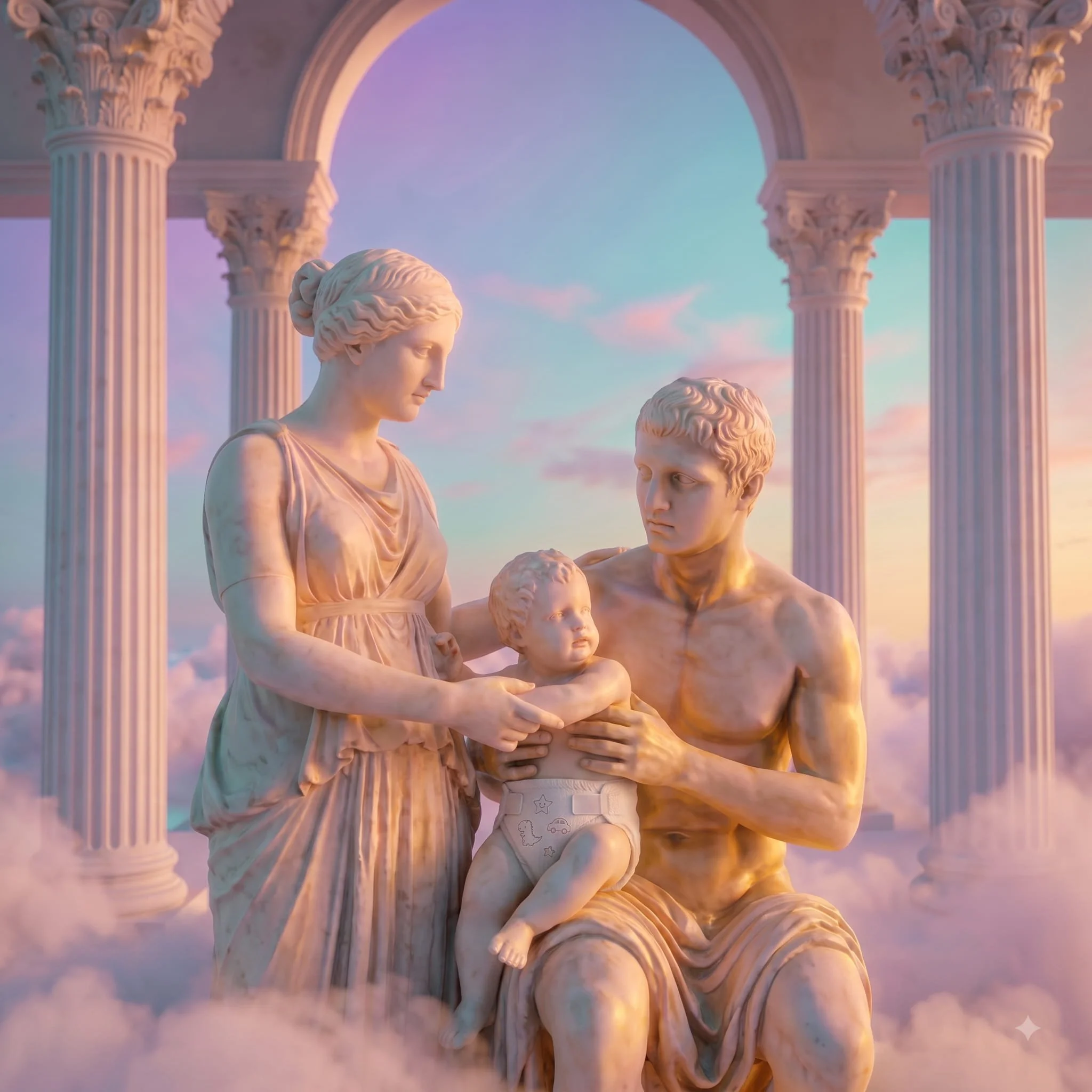 Statue classiche di una famiglia, una madre un padre e un bambino con un pannollino, seduti tra colonne di stile architettonico antico con un cielo rosa e blu sullo sfondo.