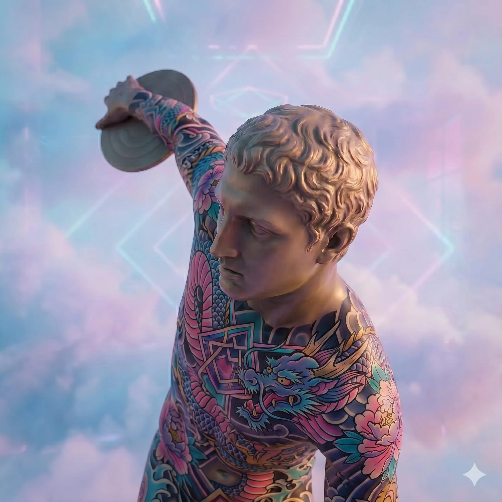 Statua di un individuo con tatuaggi colorati e capelli corti, che sfodera un disco mentre si trova sotto un cielo con luci a neon.
