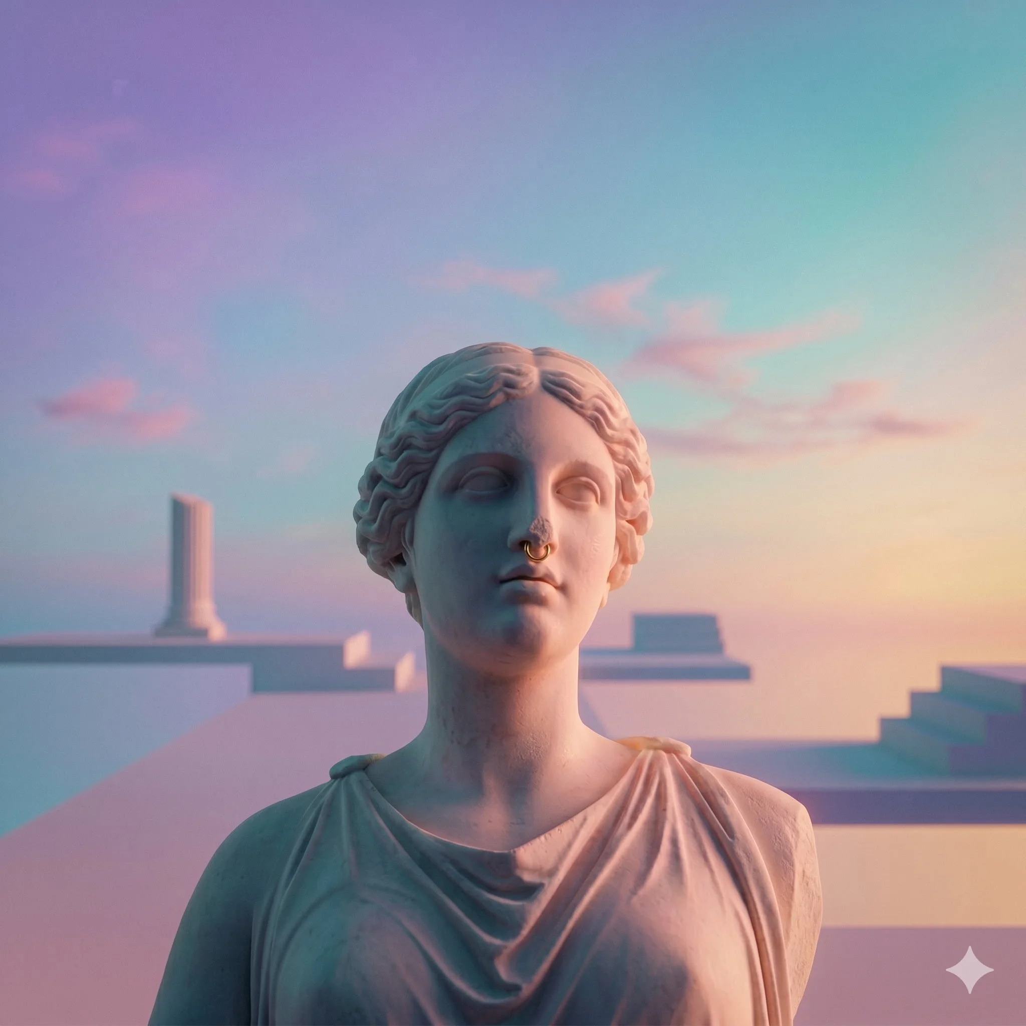 Testa di statua di una ragazza con i capelli riccioli, il septum al naso, con uno sfondo di cielo al tramonto con colori viola, rosa e azzurri, e strutture architettoniche in lontananza.