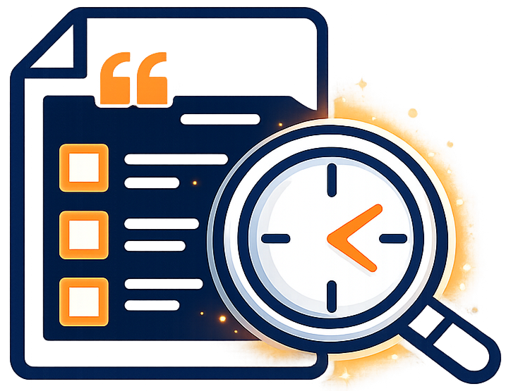 Illustration of a file document with text and a clock with a magnifying glass.
