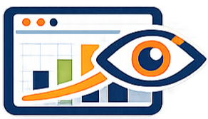 Illustration of a data analytics dashboard with various bar and line graphs, and an eye icon overlaid