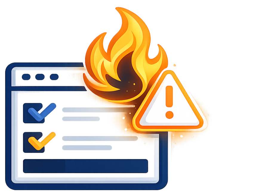 Icon of a computer screen with checklist, flames above, and a warning triangle with an exclamation mark, indicating a security or fire hazard alert.