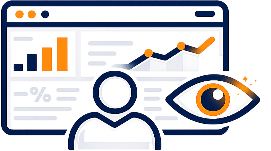A computer screen displaying data graphs and statistics, with a large eye icon and a person silhouette in front of it.