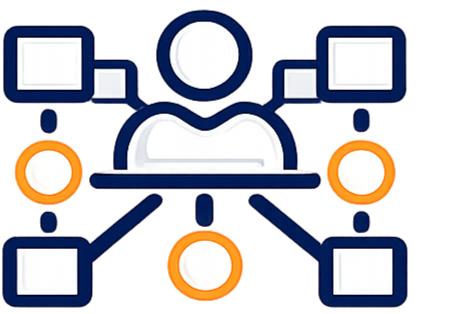 Icons representing a person at the center with connected squares and circles, illustrating a network or organizational structure.
