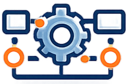 Illustration of a gear with connected computer monitors and icons representing technology and connectivity.