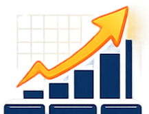 A bar graph with five blue bars increasing in height from left to right, topped with an orange upward arrow indicating growth or progress.