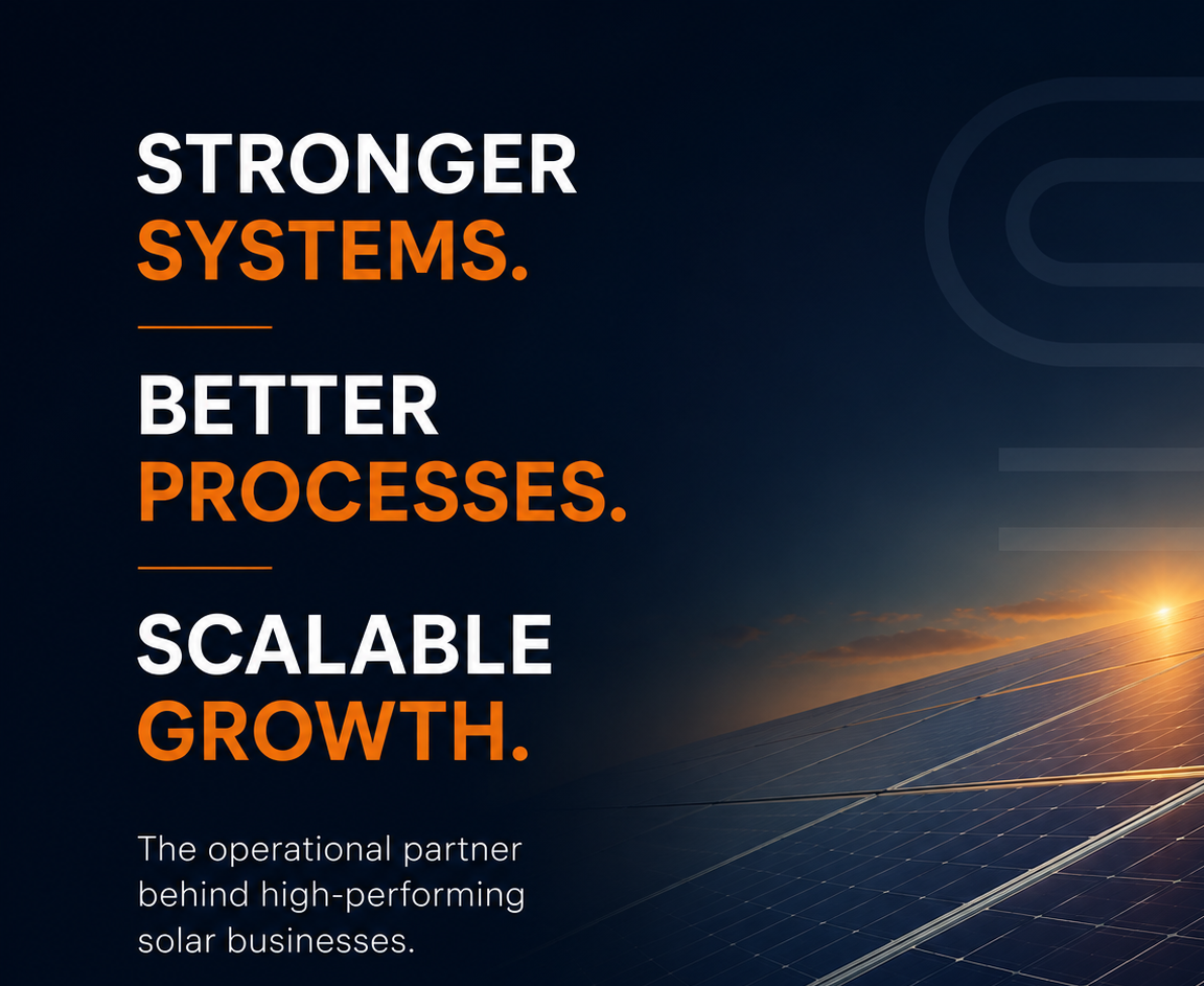 Company advertisement with text 'Stronger Systems. Better Processes. Scalable Growth.' and a background image of solar panels at sunset.