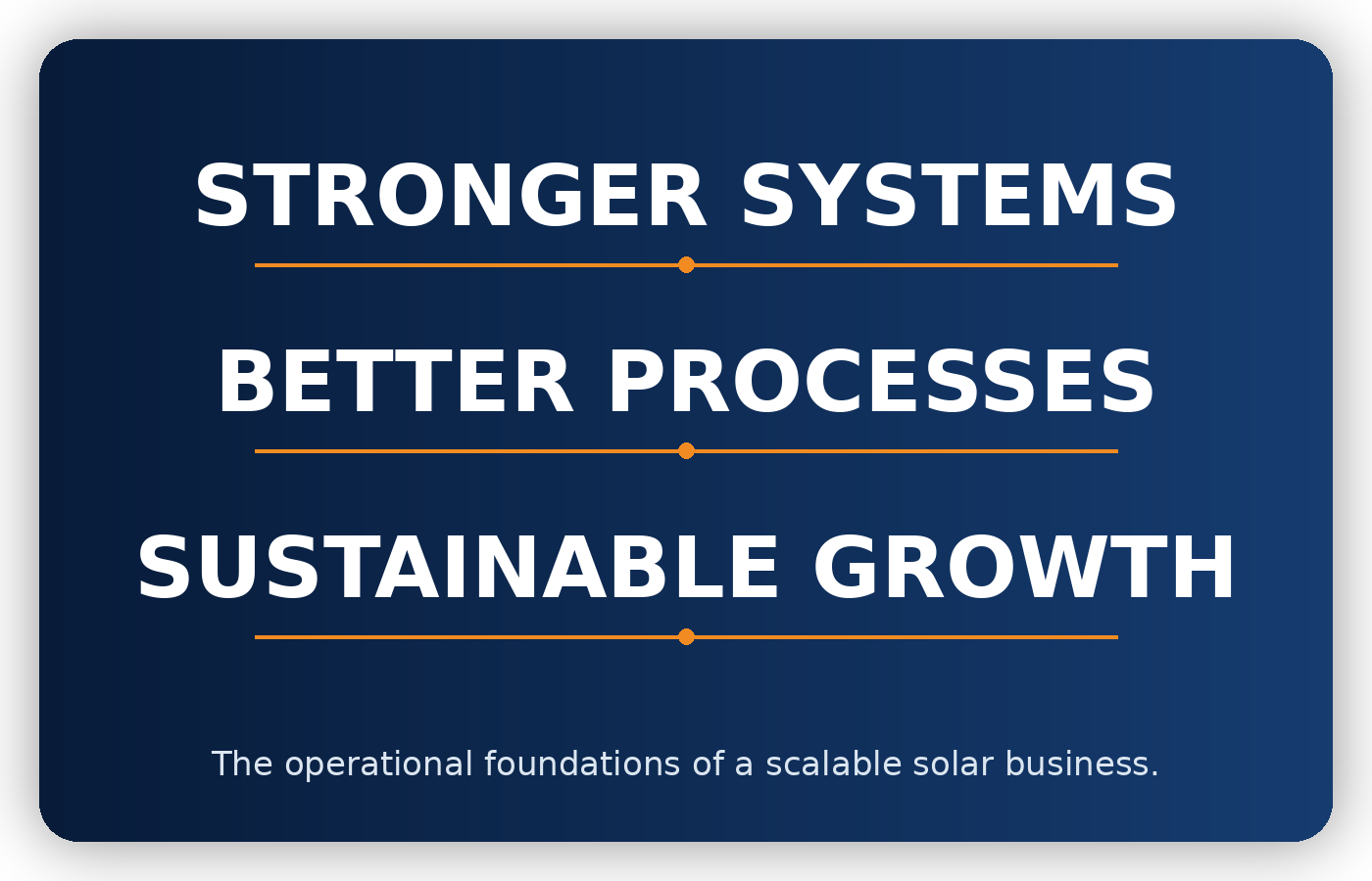 Blue background with white text reading 'Stronger Systems, Better Processes, Sustainable Growth.' Subtext states, 'The operational foundations of a scalable solar business.'