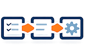 Illustration of a process flow with three icons: a checklist, arrows pointing forward, and a gear, indicating a workflow or automation process.