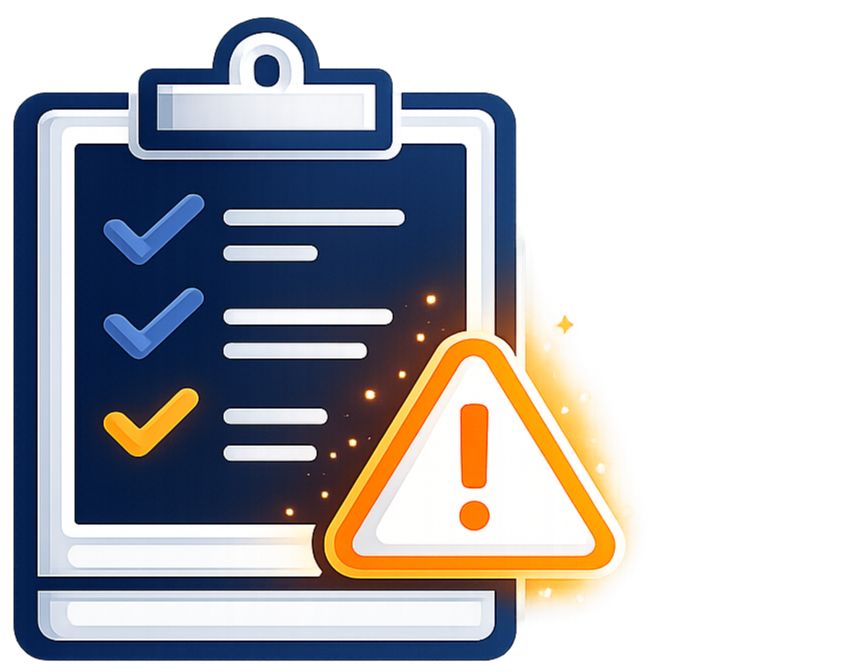 A checklist on a clipboard with three items, two checked in blue and one in yellow, with a warning triangle with an exclamation mark overlaying the checklist.