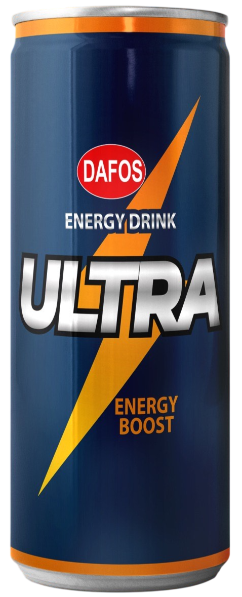 Canette de boisson énergisante DAFOS Ultra Energy Drink, saveur énergie, avec un éclair orange sur un fond bleu.