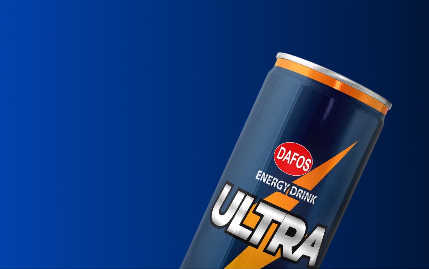 Canette d'énergie DaFos Energy Drink Ultra sur fond bleu foncé.