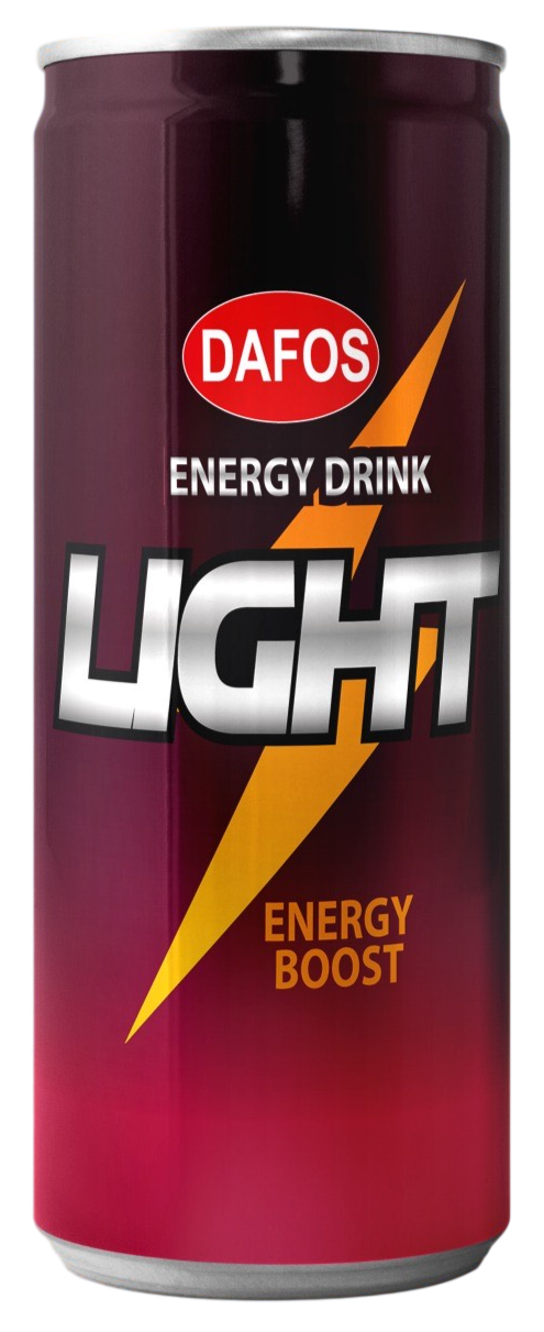 Canette d'une boisson énergisante DAFOS LIGHT Energy Drink avec un éclat jaune en forme de foudre et l'inscription 'ENERGY BOOST'