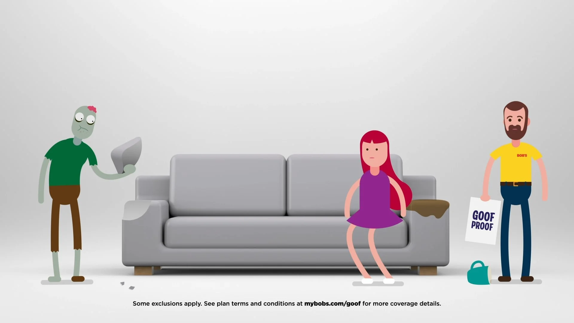 Animated scene with a zombie on the left holding a piece of paper, a girl with red hair sitting on a gray couch in the middle, and a man on the right holding a sign that says 'GOOF PROOF' and a bag on the floor, all set against a plain white background.