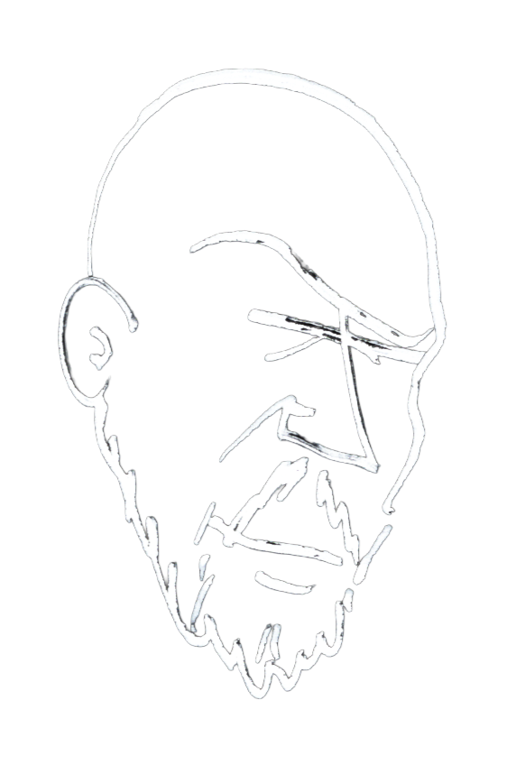 Line drawing of an older man's face with a beard, sunglasses, and bald head, on a black background.
