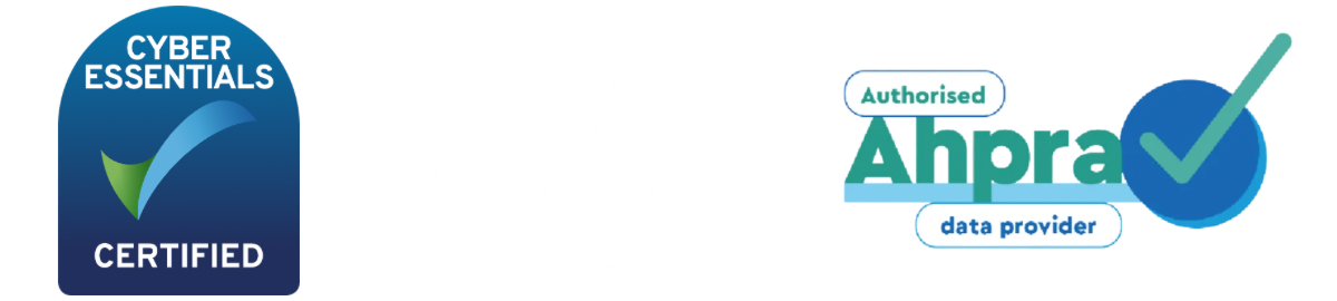 Cyber Essentials certification badge with a checkmark, ISO27001 compliance, and an icon indicating approval as an AHPRA data provider.