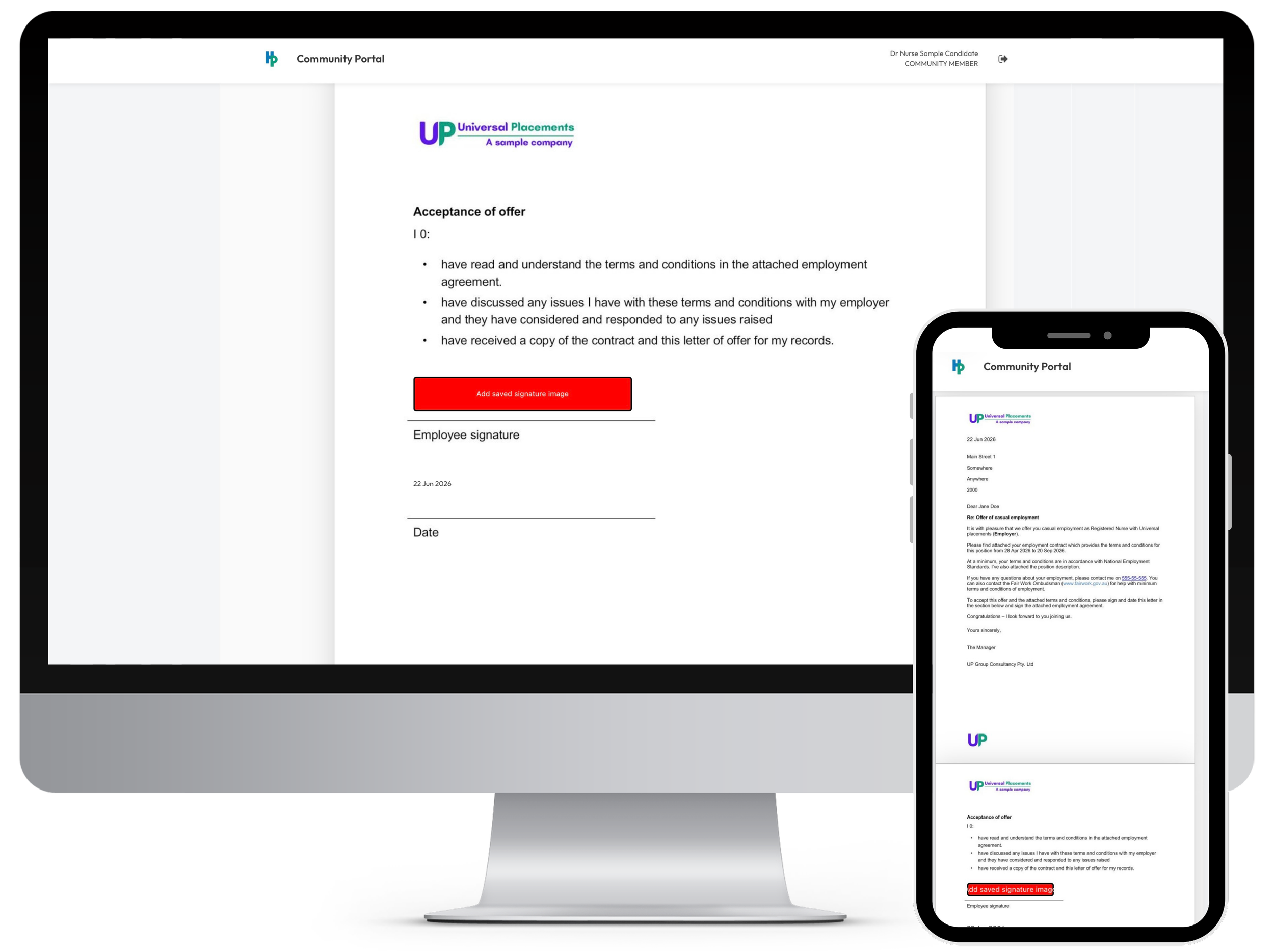 A digital screenshot of a community portal webpage displaying an employment contract with a red button labeled "Add saved signature image" and an employee signature line. The webpage has a header with a logo and title, and the contract text includes acceptance of offer clauses with a date of June 22, 2026. A phone screenshot of a mobile device showing the same portal with a signed contract including the date, signature, and sender's contact details.