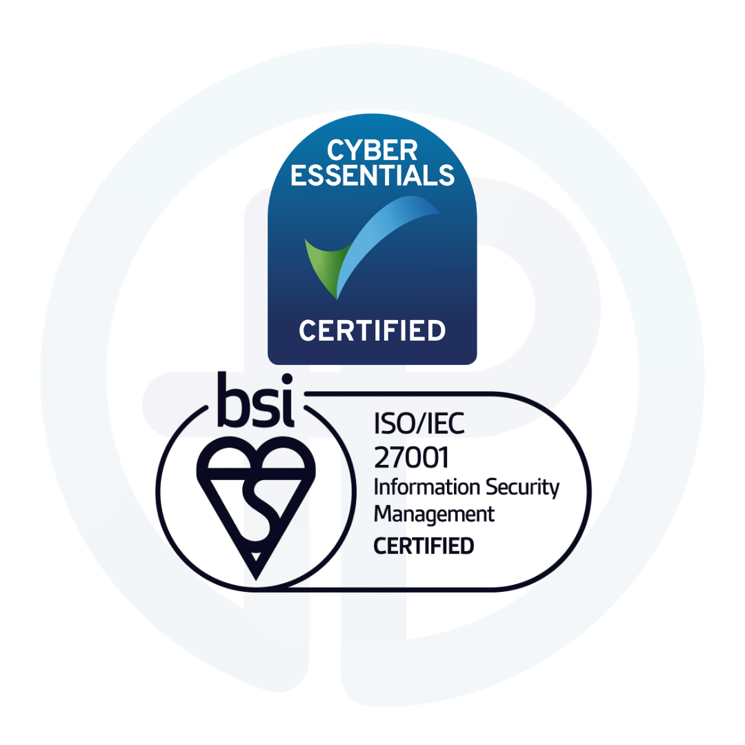 Certifications for cybersecurity and information security management, including Cyber Essentials and ISO/IEC 27001 badges.