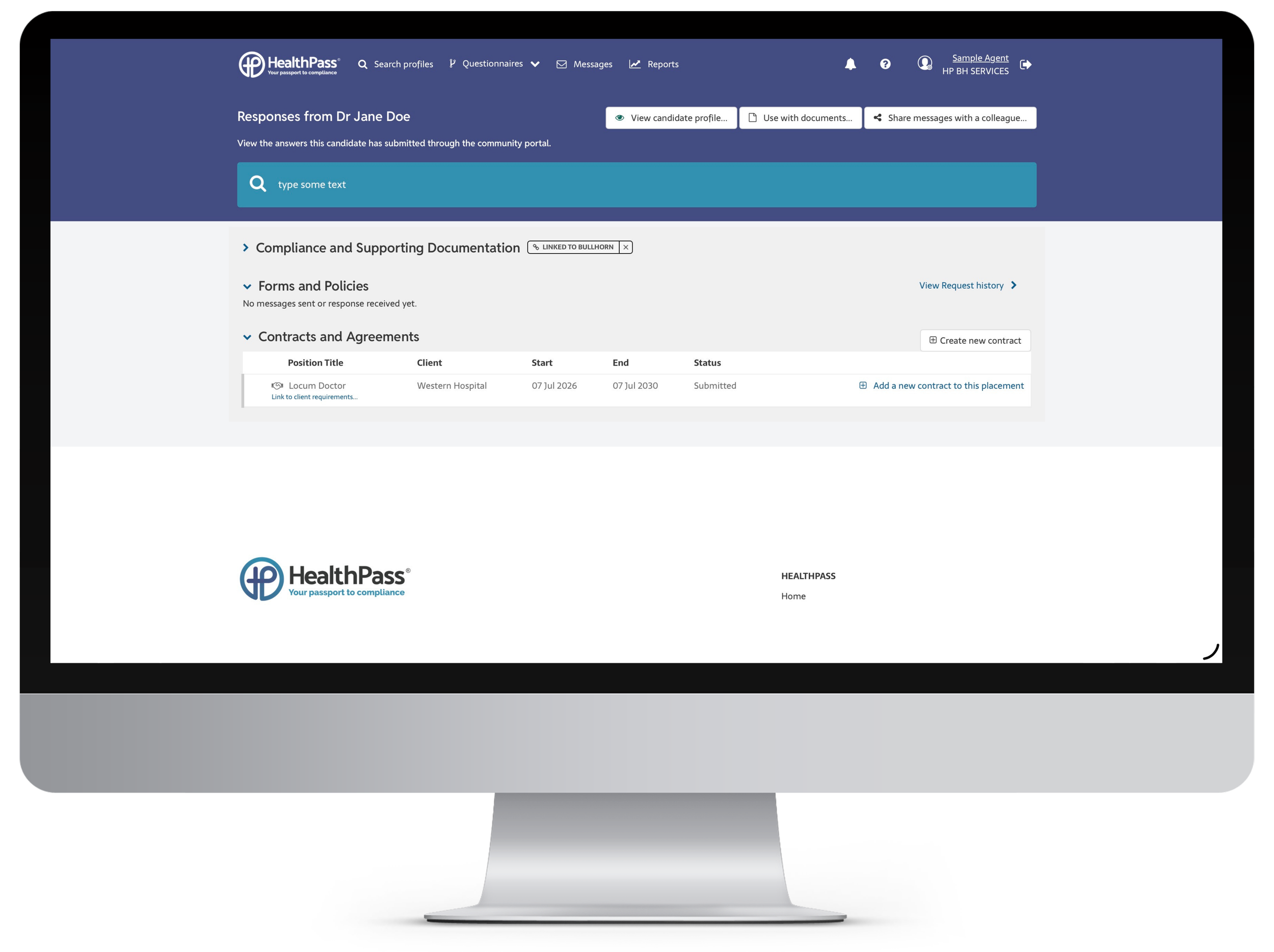 Computer monitor displaying a healthcare portal with sections for responses, documentation, forms, contracts, and client information, specifically showing a contract for a locum doctor at Western Hospital.