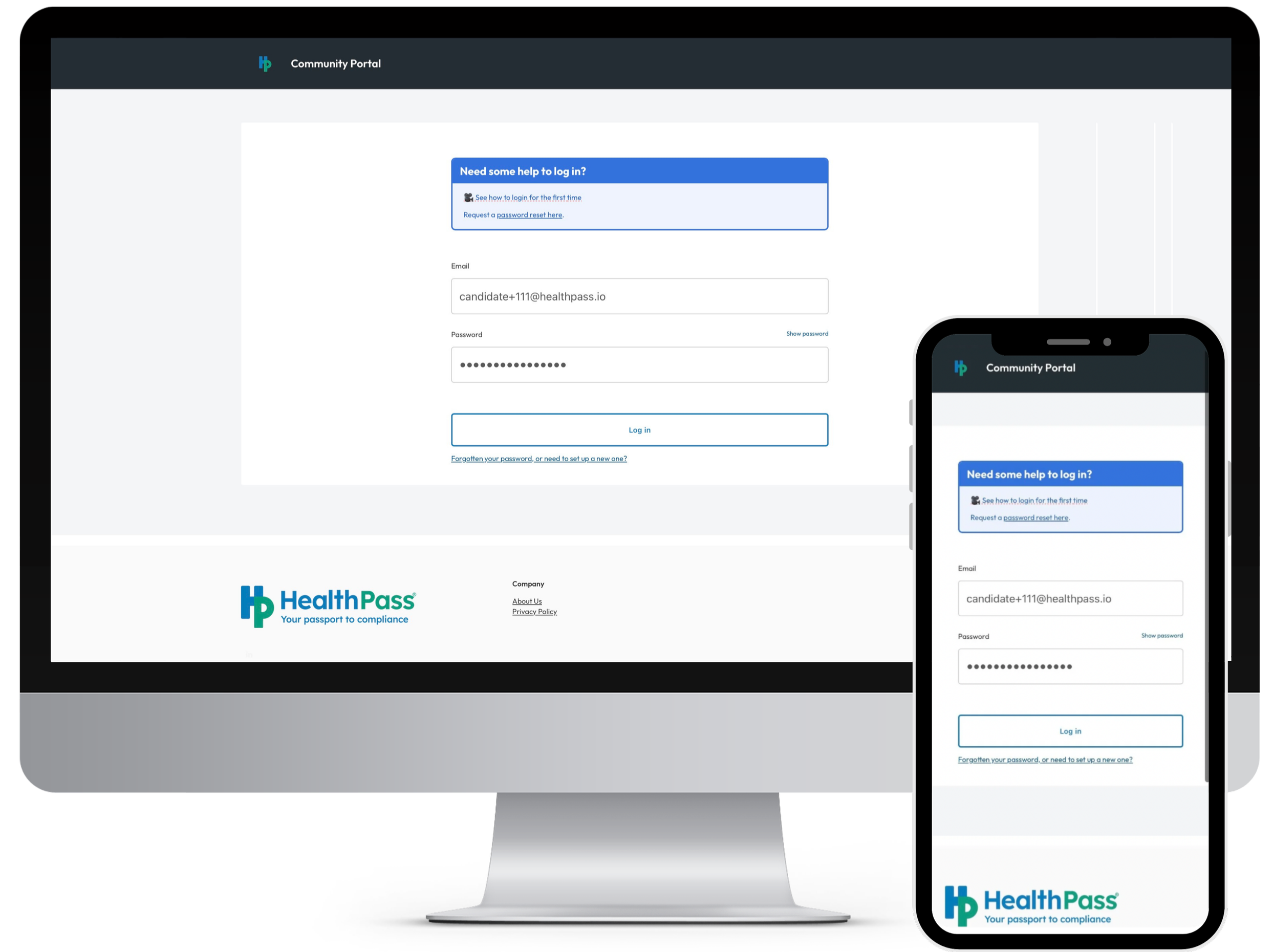 Computer monitor displaying a healthcare community portal login page with a blue help box and an email and password form. There is a partial view of a smartphone showing the same login page.