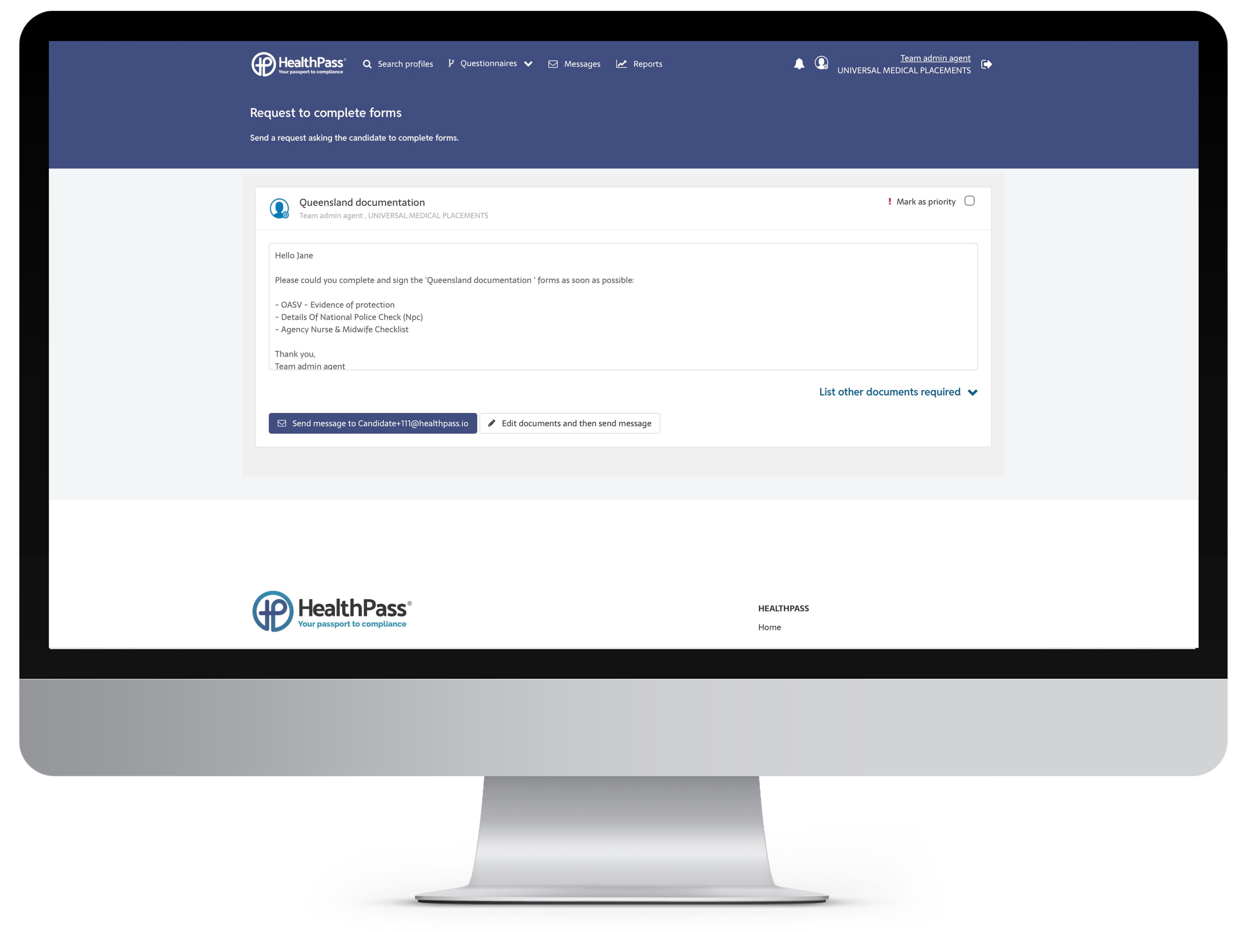 Computer screen displaying a HealthPass interface with a request to complete a Queensland documentation form for universal medical placements