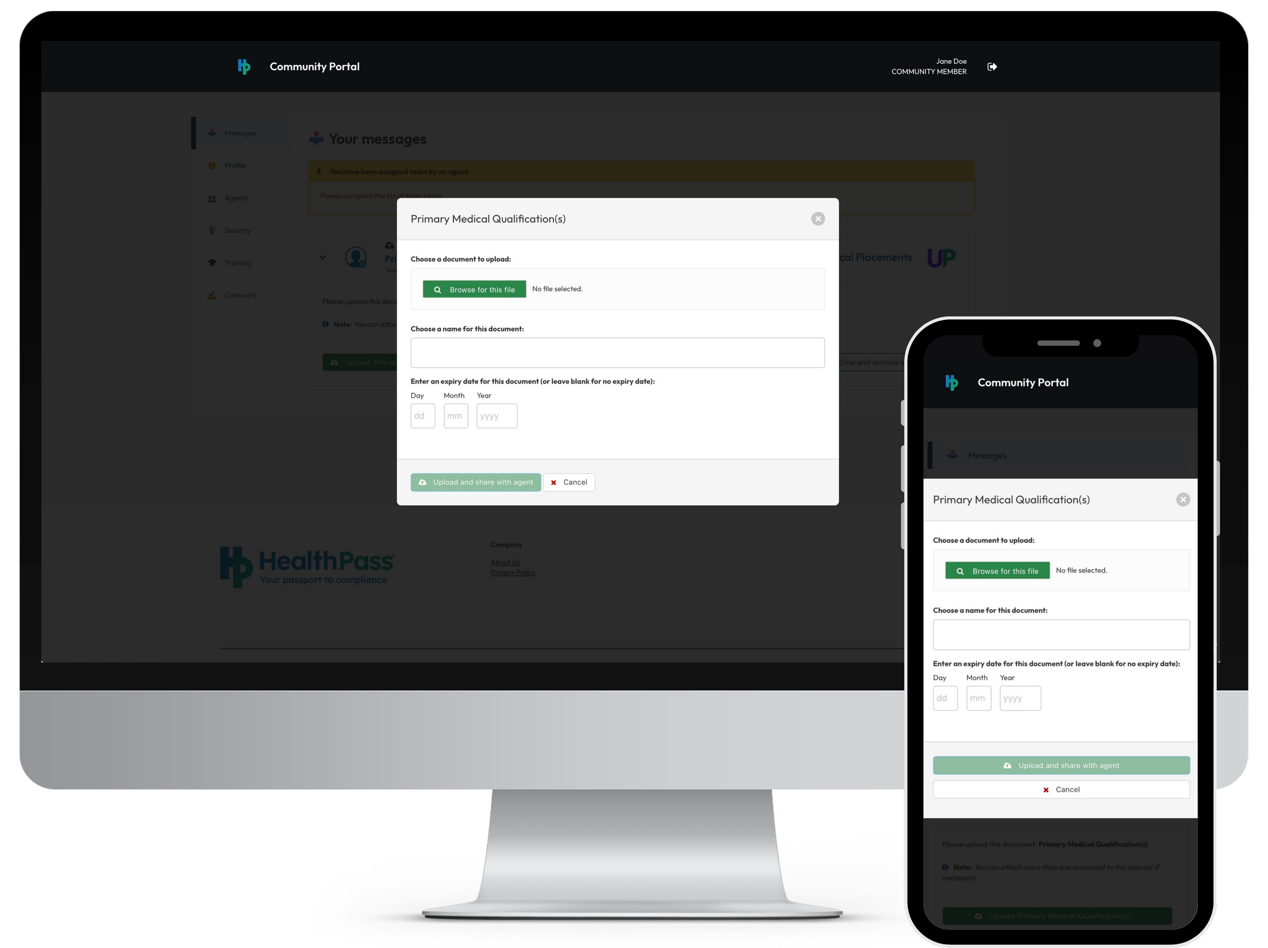 A computer monitor and a smartphone display a healthcare community portal website interface for uploading primary medical qualification documents, with options to browse files, name the document, and set expiry dates.