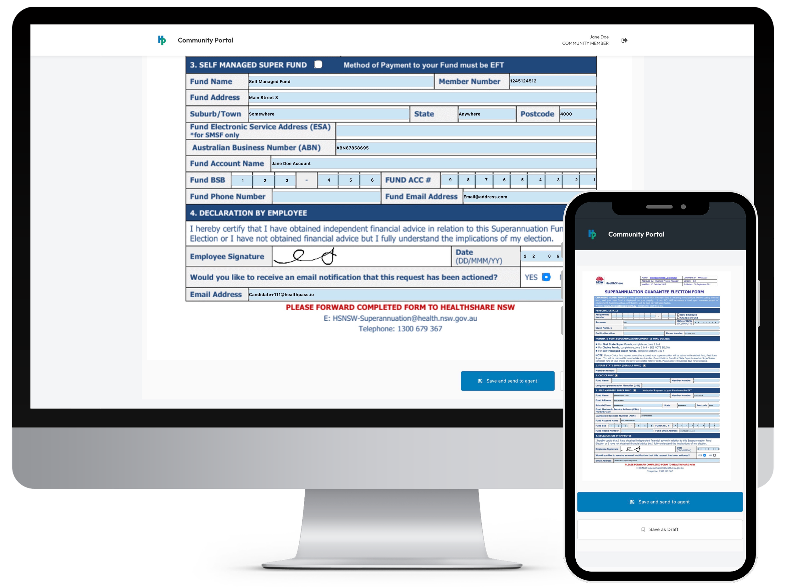 Close-up of a digital form on a computer screen for managing superannuation funds, with fields for fund details, personal information, and signatures, and an email notification option.